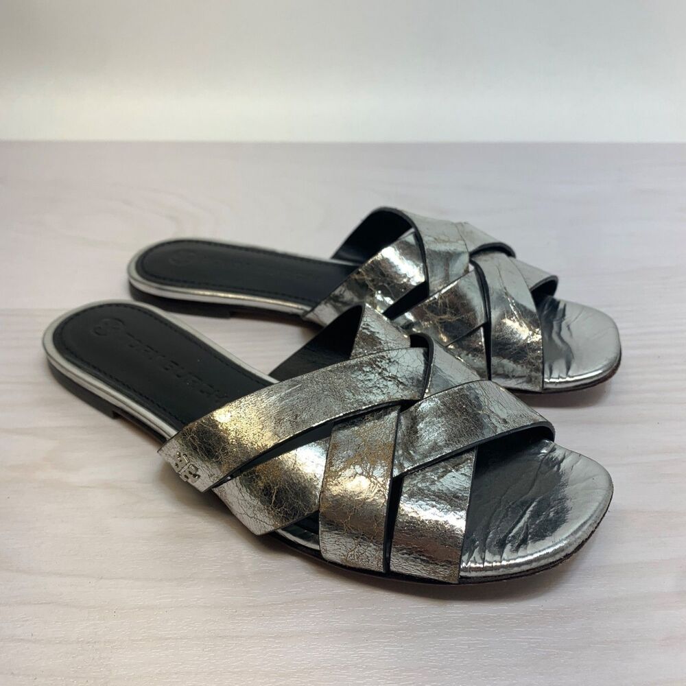Tory Burch City Metallic Silver Leather Slides Womens Size 6‎ M Sandals